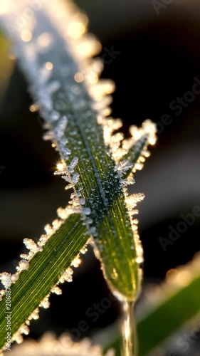 Frosted grass leaf with sparkling ice crystals in sunlight