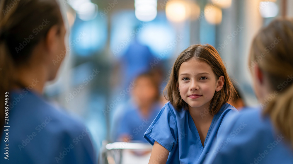 Fototapeta premium Faceless nurses talking with a young girl seated on a hospital gurney, gentle reassuring interaction, defocused hospital corridor in background, pediatric patient care concept