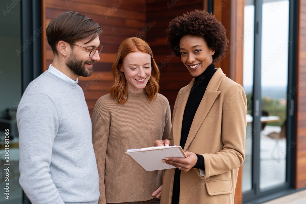 Fototapeta premium Smiling realtor showing property documents to young couple on modern wood exterior porch for home listing presentation and client consultation