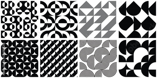 Set of 8 retro bauhaus black and white pattern geometric minimal posters design. Trendy abstract bauhaus vector graphic seamless  background