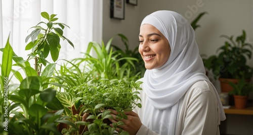 A young woman muslim wearing a white veil, happy with a smile, contemplating among the indoor plants at home. Mental health, home gardening
