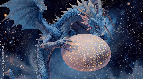 Majestic blue dragon cradles glowing celestial orb against starry nebula