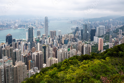 Photography High angle panoramic view of Hong Kong Island skyscraper skyline and Victoria Ha
