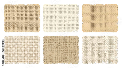 Collection of six different burlap fabric textures in various shades of beige and white