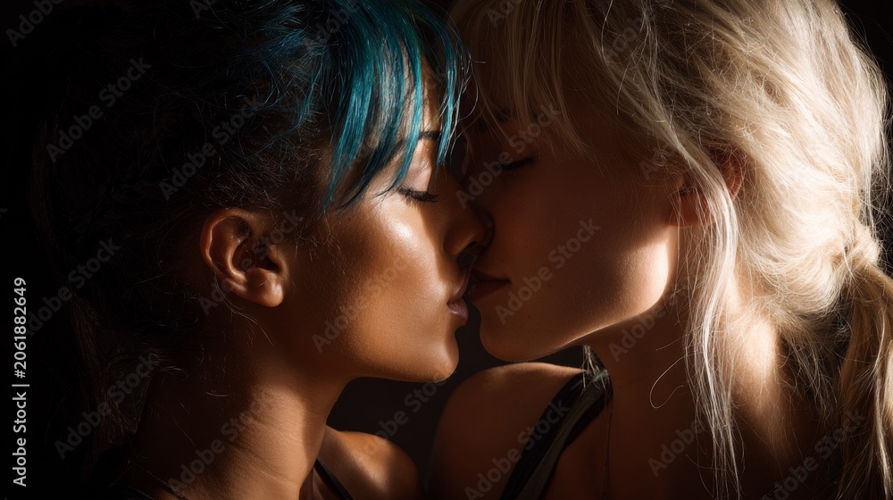 Fototapeta premium Two people sharing a close moment in a dark setting as they lean in for a kiss during an intimate scene in the evening