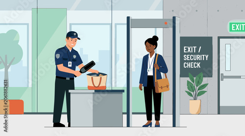 Security guard checking a woman at a metal detector in an office building lobby