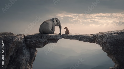 Elephant and dog sit on a cliff edge while looking at each other at sunset in a mountain landscape