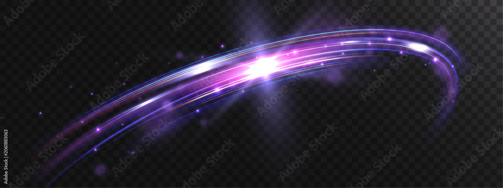 Fototapeta premium Abstract glowing light trail arc with bright energy streaks, sparkling particles and neon motion effect. Futuristic luminous swoosh isolated on transparent background. 