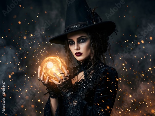 Young woman witch holding glowing magical orb with dark misty background sorceress mystical halloween mysterious enchantment portrait