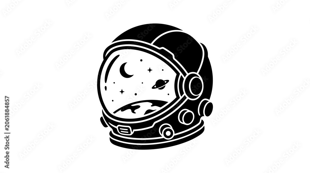 Fototapeta premium Astronaut helmet silhouette with celestial scene black on white background