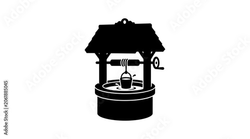 Tableau sur toile Wishing Well Silhouette Against White Background Detailed Black Illustration
