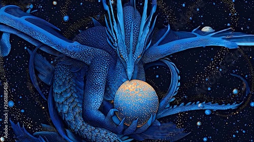 Majestic blue dragon cradles glowing celestial orbs in cosmic starry expanse