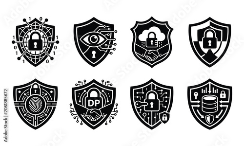 Data privacy shield silhouette pack designs vector illustration