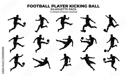 Football player kicking ball silhouette pack unique dynamic designs vector illustration