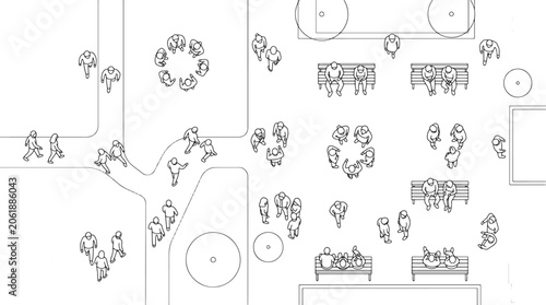 Top view architectural plan drawing of people walking and sitting in a public park urban plaza