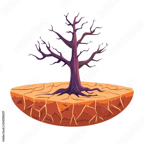 Autumn tree with roots in purple soil vector