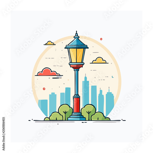 Flat design lighthouse with city skyline