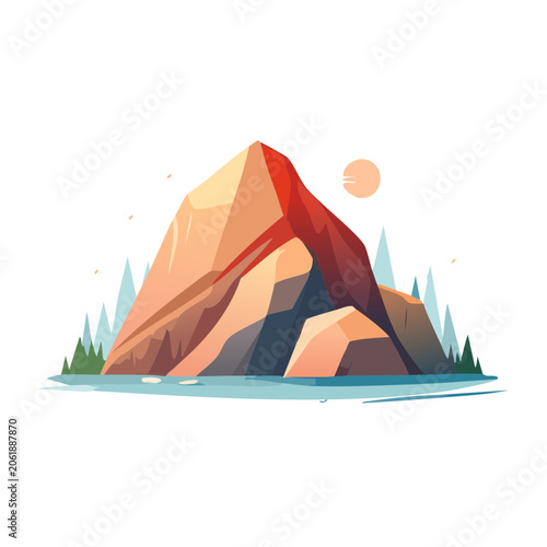 Flat design mountain landscape with sun and snow