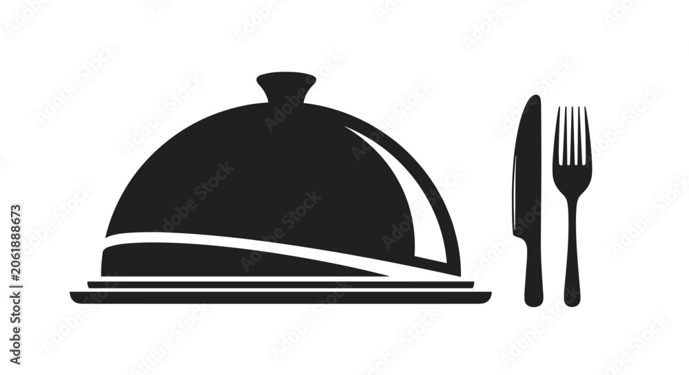 Fototapeta premium Black silhouette of a serving platter with a dome cloche cover, a knife, and a fork for fine dining restaurant themes.