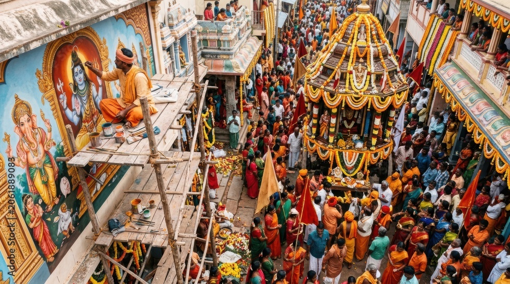 Fototapeta premium Colorful hindu temple festival with decorated chariot procession and large crowd for cultural celebration street scene and traditional ceremony background