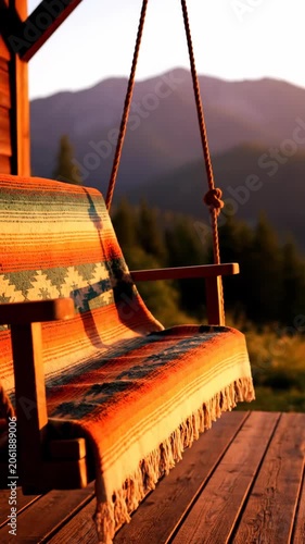 Cozy outdoor swing with striped cushion at sunset mountains