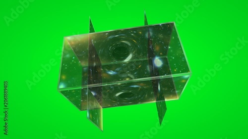 Cosmic Black Hole Inside Reflective Cube Over Green Screen Background, Space Portal Concept