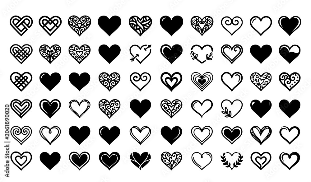 Fototapeta premium Stylized Hearts Vector Set Decorative Love Symbol Collection