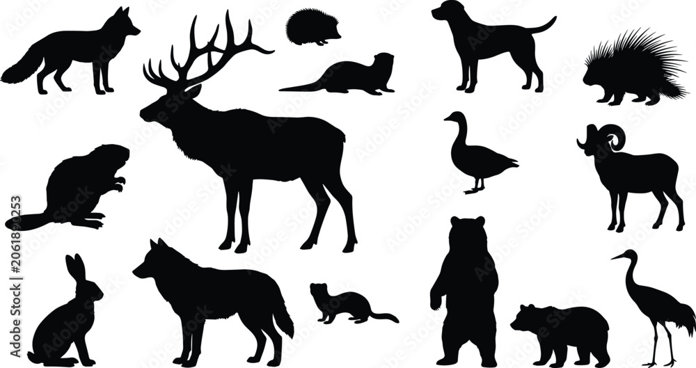 Fototapeta premium Collection of Wild and Domestic Animal Silhouettes Isolated on a Plain White Background