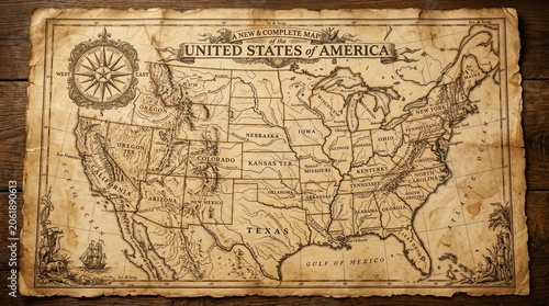 Vintage, antique map, United States of America, classic illustration