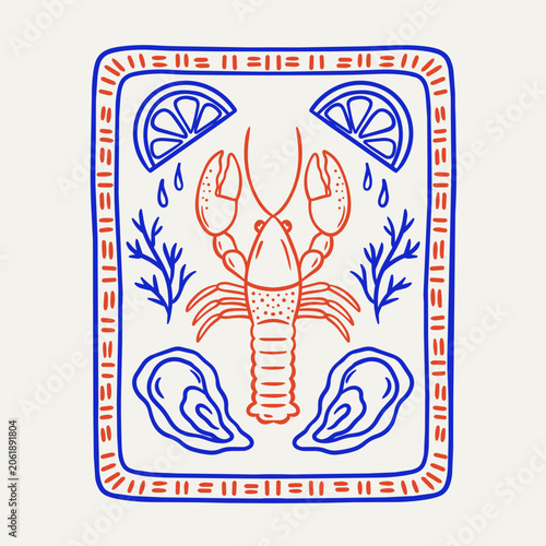 Linocut style seafood menu vector design. Lobster and oysters with lemon on blue and red minimalist background. Mediterranean food aesthetic.