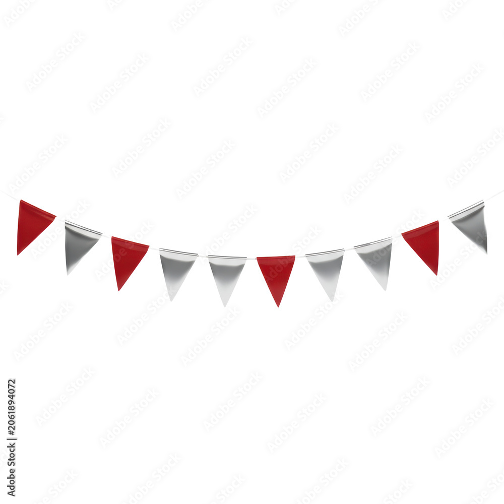 Obraz premium Festive garland of alternating crimson matte and metallic silver triangular pennant flags hanging in a symmetrical curve against a white background festive mood