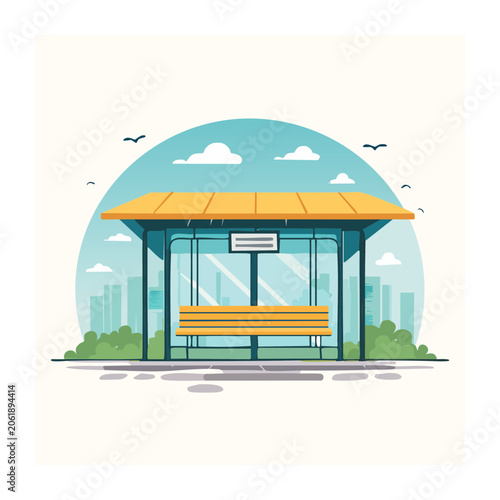 Flat design umbrella with bench and sky
