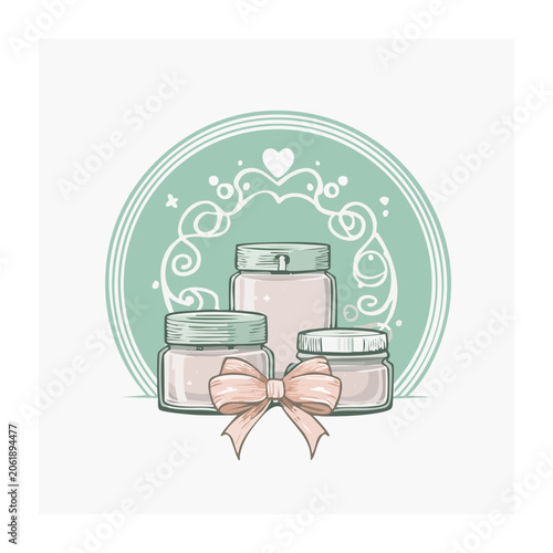 Pastel cosmetic jars with decorative bow and frame