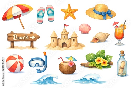 Watercolor summer beach fun elements isolated on white background; beach and summer vacation clip art 