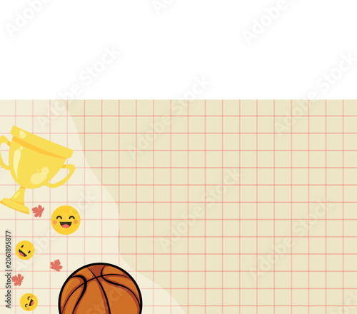 Basketball and trophy cup on checkered background