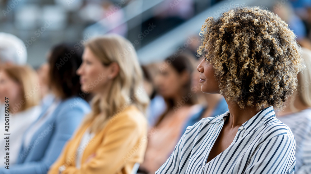 Obraz premium Anonymous diverse group of professional women attending a leadership summit breakout session, female empowerment and corporate conference concept, faceless, defocused modern
