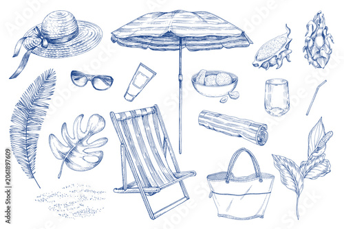 Foto Sea holidays ink collection of the chaise lounge, spathiphyllum flower, umbrella