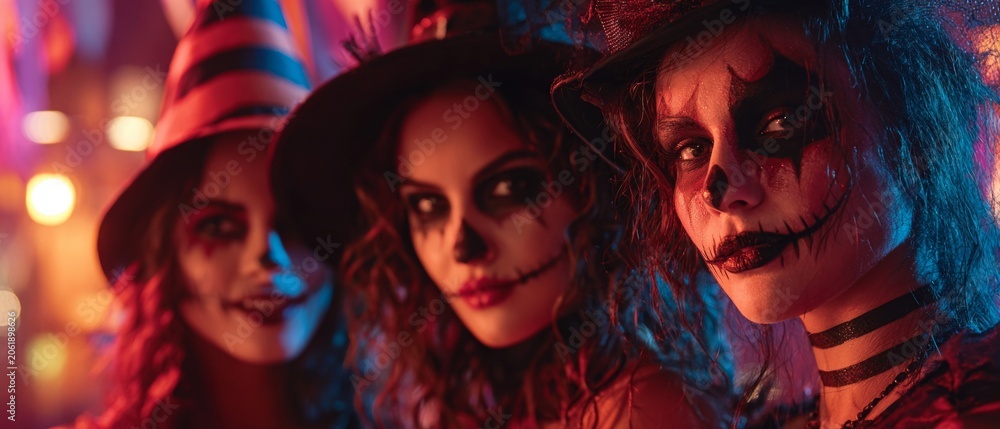 Obraz premium Veil of night: adults immersed in a whimsical halloween fÃªte. Digital artwork. Haunted festivities: adults in frightening costumes strike scary poses. Vivid gradient. Trendy visuals.