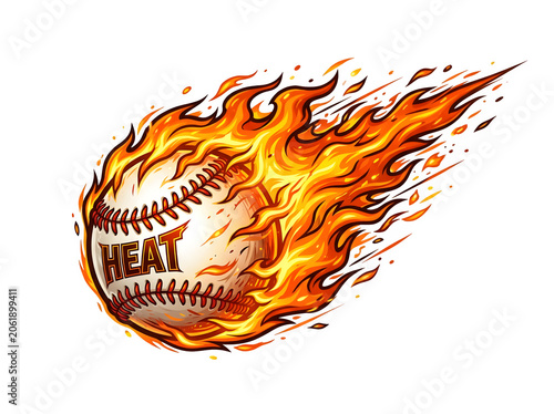 Flaming baseball with 'heat' text isolated on transparent background