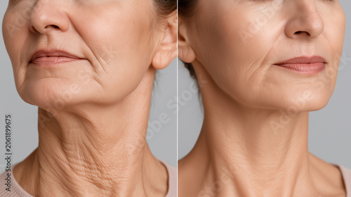A compelling medical close-up presents a woman's dramatic anti-aging transformation, showing significant reduction in deep wrinkles and improved skin elasticity around her neck and jawline.