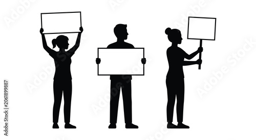 Photos Three People Holding Blank Signs Black Silhouette Against White Background prote
