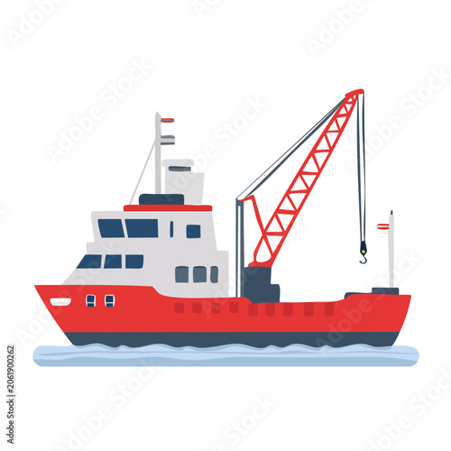 3D render of red cruise ship with crane