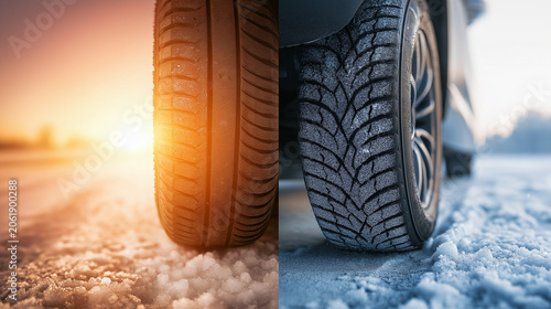 Two distinct car tires are depicted, one suitable for sunny but cold winter conditions with melting snow, and the other designed for deeply frozen, frosty winter landscapes.