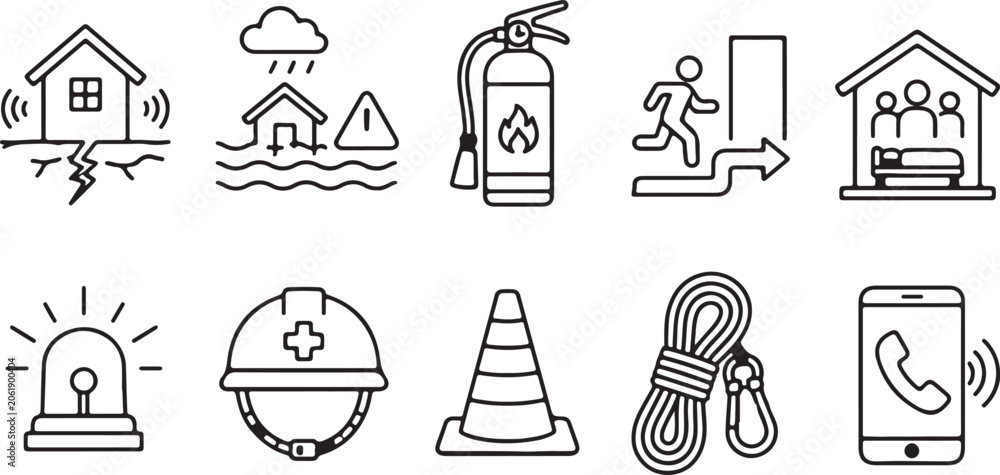 Fototapeta premium Comprehensive set of line art icons illustrating emergency preparedness, natural disasters, safety equipment, and rescue operations.