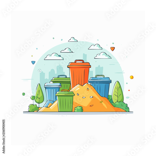 Flat design illustration of recycling bins with waste