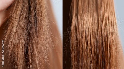 A detailed close-up split image compares two sections of hair, demonstrating a noticeable improvement from dry, damaged strands to smooth, healthy, and lustrous tresses after treatment.
