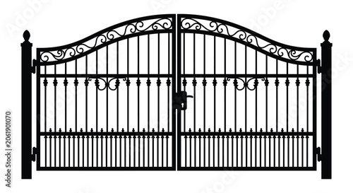 Konstfotografi Wrought iron gate with decorative swirls and central padlock black silhouette ir
