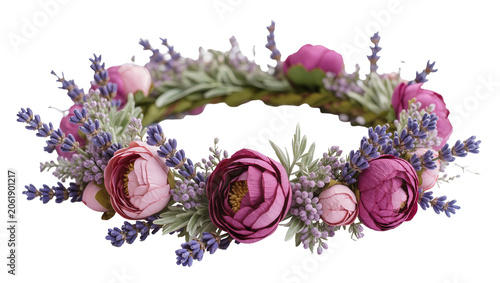 Quadro su tela Delicate floral crown with pink peonies and lavender, isolated on transparent ba