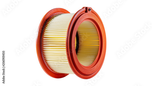 Round orange air filter with pleated yellow paper element, isolated on transparent background