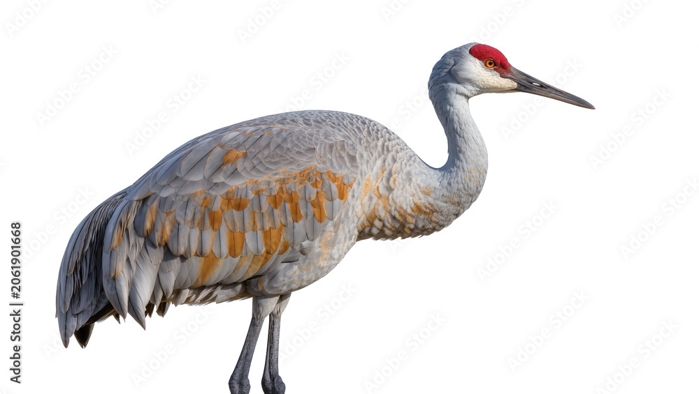 Obraz premium Sandhill crane with red crown and grey plumage, isolated on transparent background